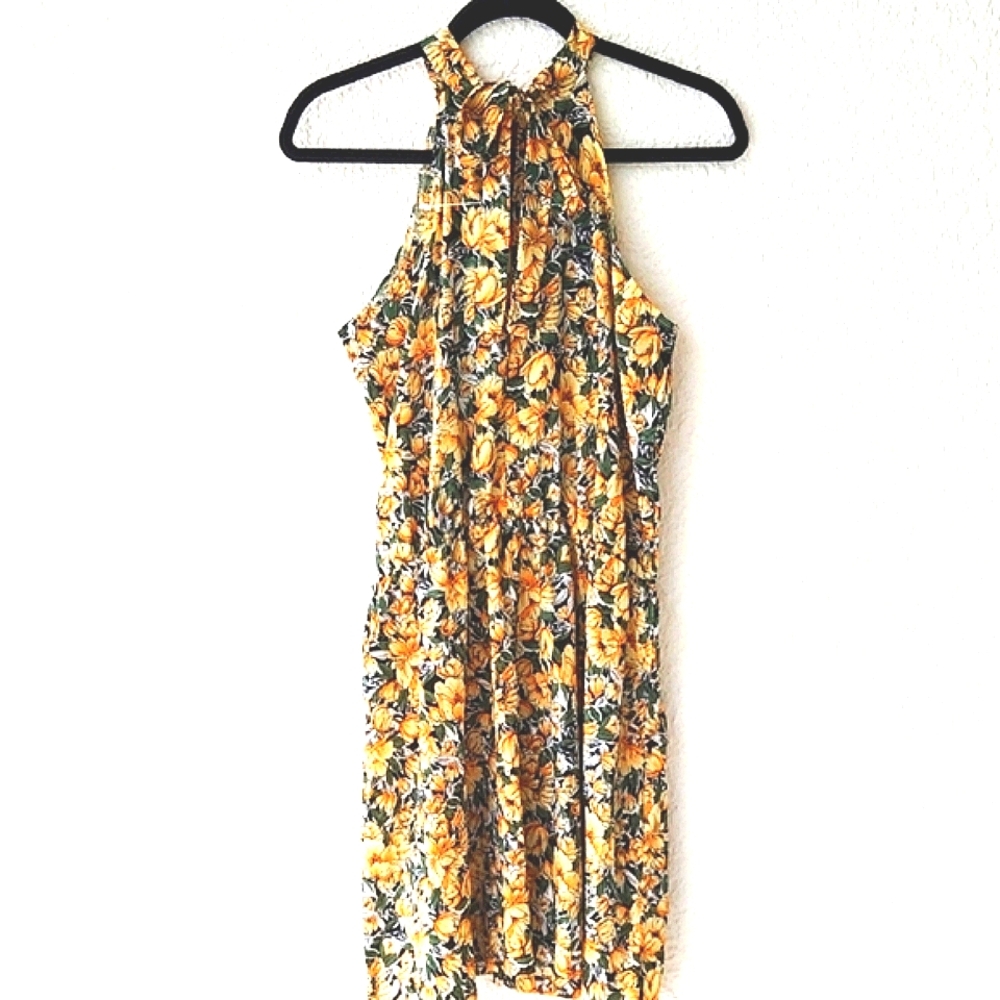 Floral Blooming Yellow Floral Print Halter Dress Size Medium
